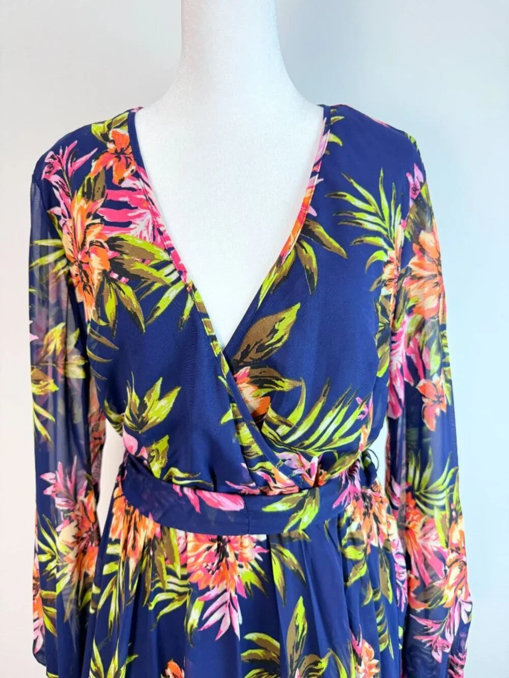 Renn Womens XL Tropical Floral Maxi Dress Blue Long Sleeve Belted NWT - Picture 15 of 16